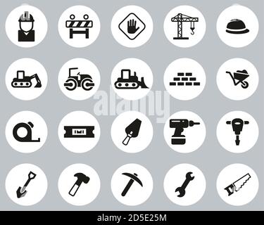 Builders Site Or Construction Site Icons Black & White Flat Deisgn Circle Set Big Stock Vector