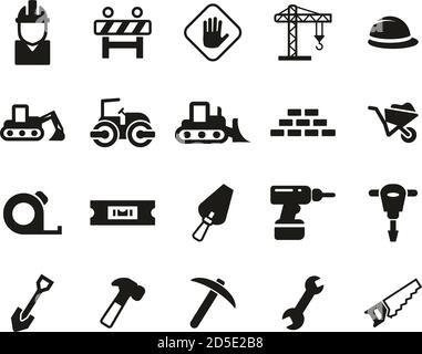 Builders Site Or Construction Site Icons Black & White Set Big Stock Vector
