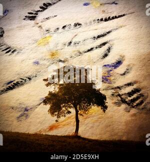 Artistic landscape featuring a solitary tree against a colorful background with abstract patterns Stock Photo