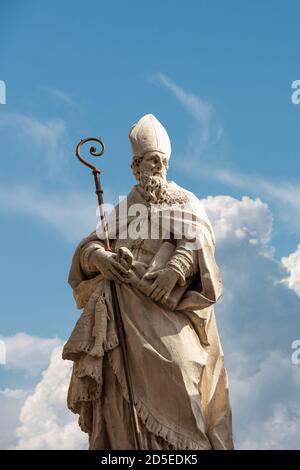 Marble statue of San Zeno, Bishop and Patron of  the Verona city. Church of San Zeno in Oratorio (VII-VIII century). Veneto, Italy, Europe. Stock Photo