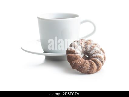 Sweet rings cookies. Biscuits with cocoa flavor and coffee cup isolated on white background. Stock Photo