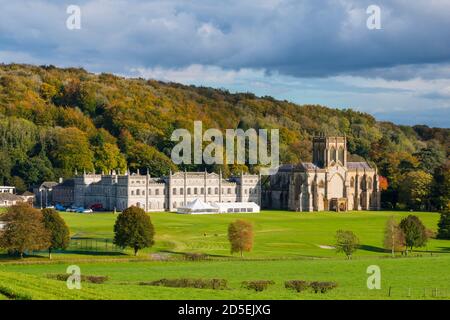 Milton Abbas, Dorset, UK.  13th October 2020.  UK Weather.  The woodland trees are in their full autumn colours behind the historic Milton Abbey at Milton Abbas in Dorset on an afternoon of warm sunny spells.  Picture Credit: Graham Hunt/Alamy Live News Stock Photo