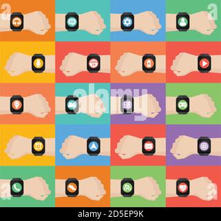 Hand with smartwatch and application icons on smartwatch Stock Vector