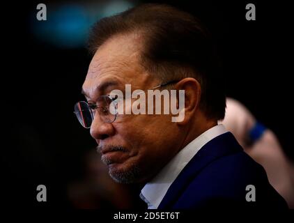 Malaysian opposition leader Anwar Ibrahim during a press conference after meeting the nation's king in Kuala Lumpur.Anwar met the king in a bid to form a new government after claiming he had secured a majority in Parliament. Stock Photo