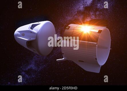 Separation of the descent capsule from a private spacecraft in space Stock Photo