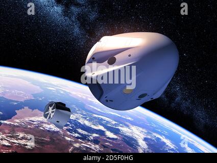 Separation of the descent module from a private spacecraft on background of Earth Stock Photo