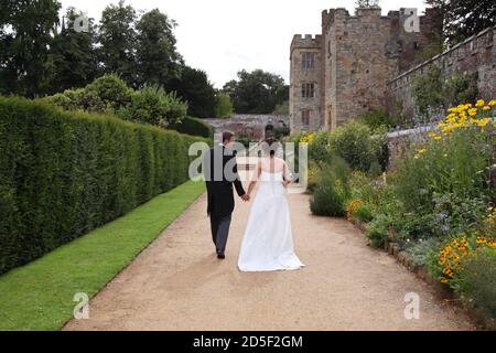 Bride & groom walking away, holding hands, on gravelled path at Penshurst Place. Stock Photo