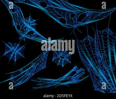 Collection of cobweb for catching insects. Neon abstract Cobweb isolated on dark background. Intricate spider web, halloween concept. 3d vector illustration. Stock Vector