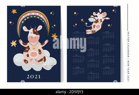 Christmas cute cartoon cow vector 2021 calendar template illustration with hand drawn animals and decorations. New Year 2021 ornate greeting gift poster for a3, a4, a5 sizes. Stock Vector