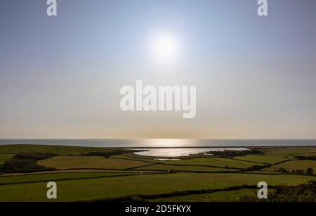 View of the Fleet Lagoon behind Chesil Bank from the South West Coast Path on the Heritage Coast near Abbotsbury, west Dorset in afternoon light Stock Photo