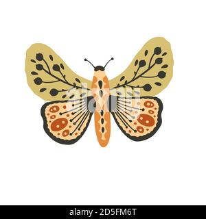 Boho vector art design with bohemian butterfly. Isolated insect icon, hand drawn illustration on a white background. Stock Vector