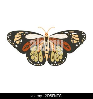 Boho vector art design with bohemian butterfly. Isolated insect icon, hand drawn illustration on a white background. Stock Vector