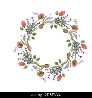 Lavender and rose vector wreath. Vector flower illustration. Illustration for greeting cards, invitations, and other printing projects. Stock Vector