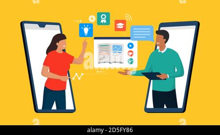 Student and professor connecting online one to one on their smartphones, distance learning and online courses concept Stock Vector