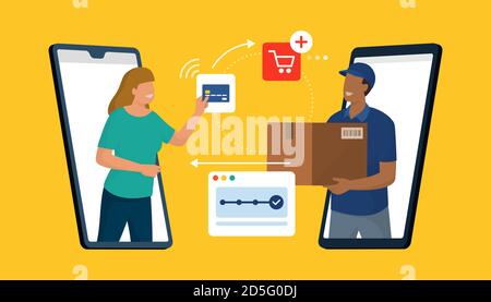 Online shopping and delivery: woman ordering a product online on her smartphone, paying with a credit card and receiving a delivery box Stock Vector