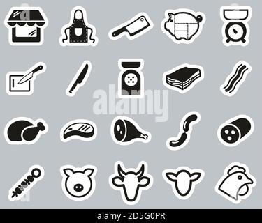Butcher Or Butcher Shop Icons Black & White Sticker Set Big Stock Vector