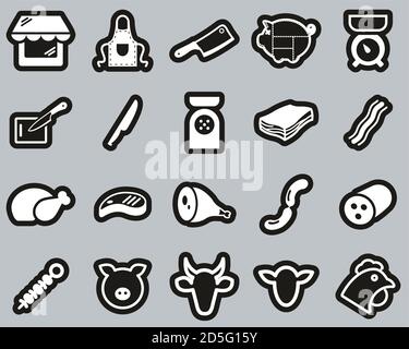 Butcher Or Butcher Shop Icons White On Black Sticker Set Big Stock Vector