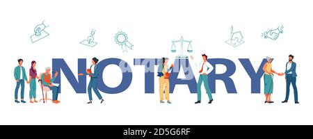 Public notary service banner template with characters flat vector illustration. Stock Vector