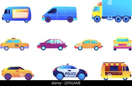 Different cars and delivery vector illustrations set. Stock Vector