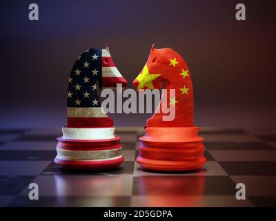 3D rendering of two chess knights with American and Chinese  flags superimposed standing face to face on chessboard Stock Photo