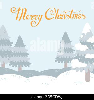 Merry christmas postcard with winter landscape and lettering Stock Vector