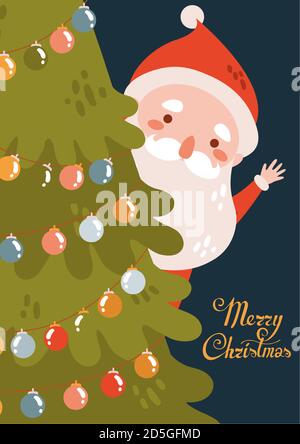 Merry christmas card with cristmas tree and garland with cute Santa Claus Stock Vector