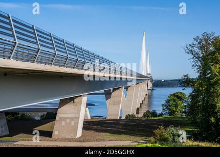 Low level view of southern approach to Queensferry Crossing road bridge near South Queensferry in Scotland, UK