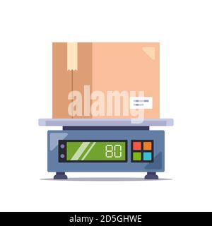 weigh the parcel in a cardboard box on an electronic scale. flat vector illustration isolated on white background Stock Vector