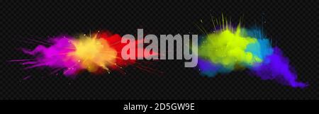 Powder Holi paints colorful clouds or explosions, ink splashes, decorative vibrant dye for festival isolated on transparent background, traditional indian holiday. Realistic 3d vector illustration Stock Vector