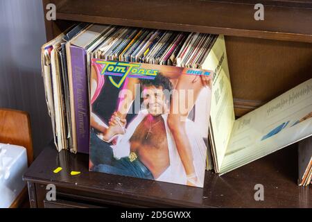 Tom Jones and other old LP records on display in house clearance auction sale room, UK Stock Photo