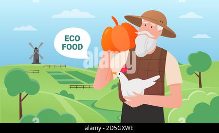 Eco farm food vector illustration. Cartoon elderly bearded farmer character holding pumpkin and chicken, standing on green field for growing eco friendly food products, farmland landscape background Stock Vector