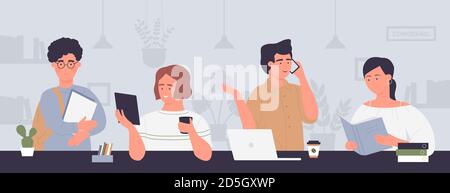 Coworking space area vector illustration. Cartoon flat young creative business people meeting and smiling, working at table with laptop, tablet or smartphone, modern office workplace background Stock Vector