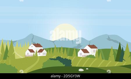 Summer rural village landscape vector illustration. Cartoon countryside farmland idyllic scene with farm houses, green agriculture lands, fields on hills and sun on horizon, morning nature background Stock Vector