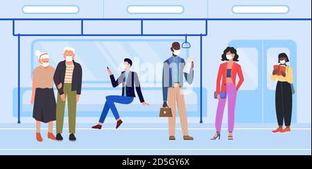 People in mask travel subway vector illustration. Cartoon man woman characters protect face with mask, standing, sitting on seats in subway metro train, mask protection in public transport background Stock Vector