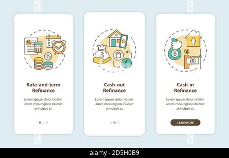 Mortgage refinance types onboarding mobile app page screen with concepts Stock Vector