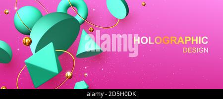 Holographic abstract design banner with geometric 3d shapes hemisphere, octahedron, sphere or torus, cone, cylinder and pyramid with icosahedron on pink background with gold pearls vector illustration Stock Vector