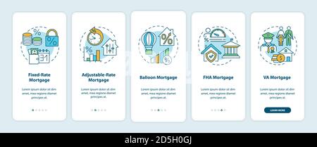 Mortgage types onboarding mobile app page screen with concepts Stock Vector
