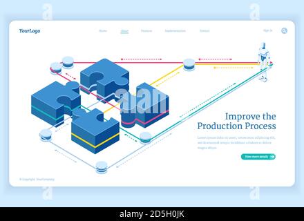 Production process improve isometric landing page, leverage connect puzzle pieces and artificial intelligence robot. Teamwork solutions, business team cooperation 3d vector illustration, web banner Stock Vector