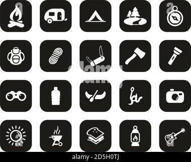 Camping Or Outdoor Adventure Icons White On Black Flat Design Set Big Stock Vector