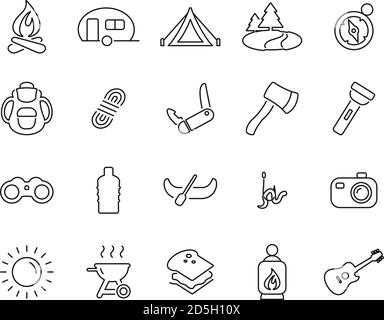 Camping Or Outdoor Adventure Icons Thin Line Set Big Stock Vector