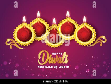 Happy Diwali celebration background. Top view of banner design decorated with illuminated oil lamps on patterned dark background. vector illustration Stock Vector