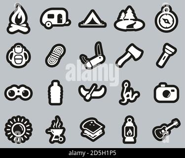 Camping Or Outdoor Adventure Icons White On Black Sticker Set Big Stock Vector