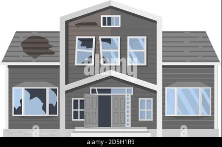 Old run-down house. Traditional suburban cottage.Isolated vector flat cartoon. Stock Vector