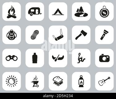 Camping Or Outdoor Adventure Icons Black & White Flat Design Set Big Stock Vector