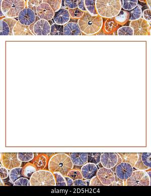 Frame of dry slices of orange and grapefruit on white. Fruit chips background. Stock Photo