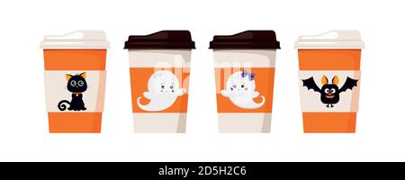 Halloween pack coffee or tea cups decorated with cute characters Stock Vector
