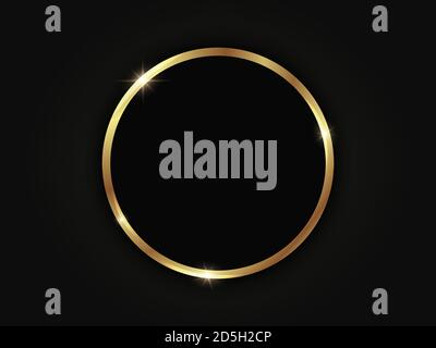 Round golden sparkling frame isolated on a black background. Stock Vector