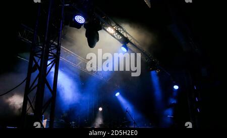 Free stage with lights before concert, lighting devices Stock Photo