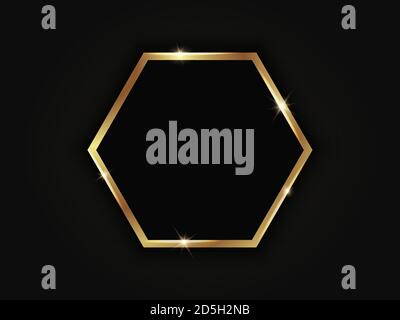 Hexagonal golden sparkling frame isolated on black background Stock Vector