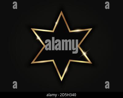 Hexagonal star golden sparkling frame isolated on black background. Stock Vector